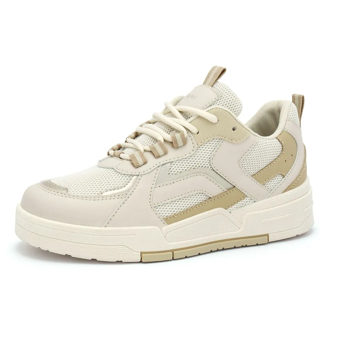 Tênis casual feminino Ramarim modelo 89235-01 cor off white visto de lado mostrando detalhes do material e fechamento.